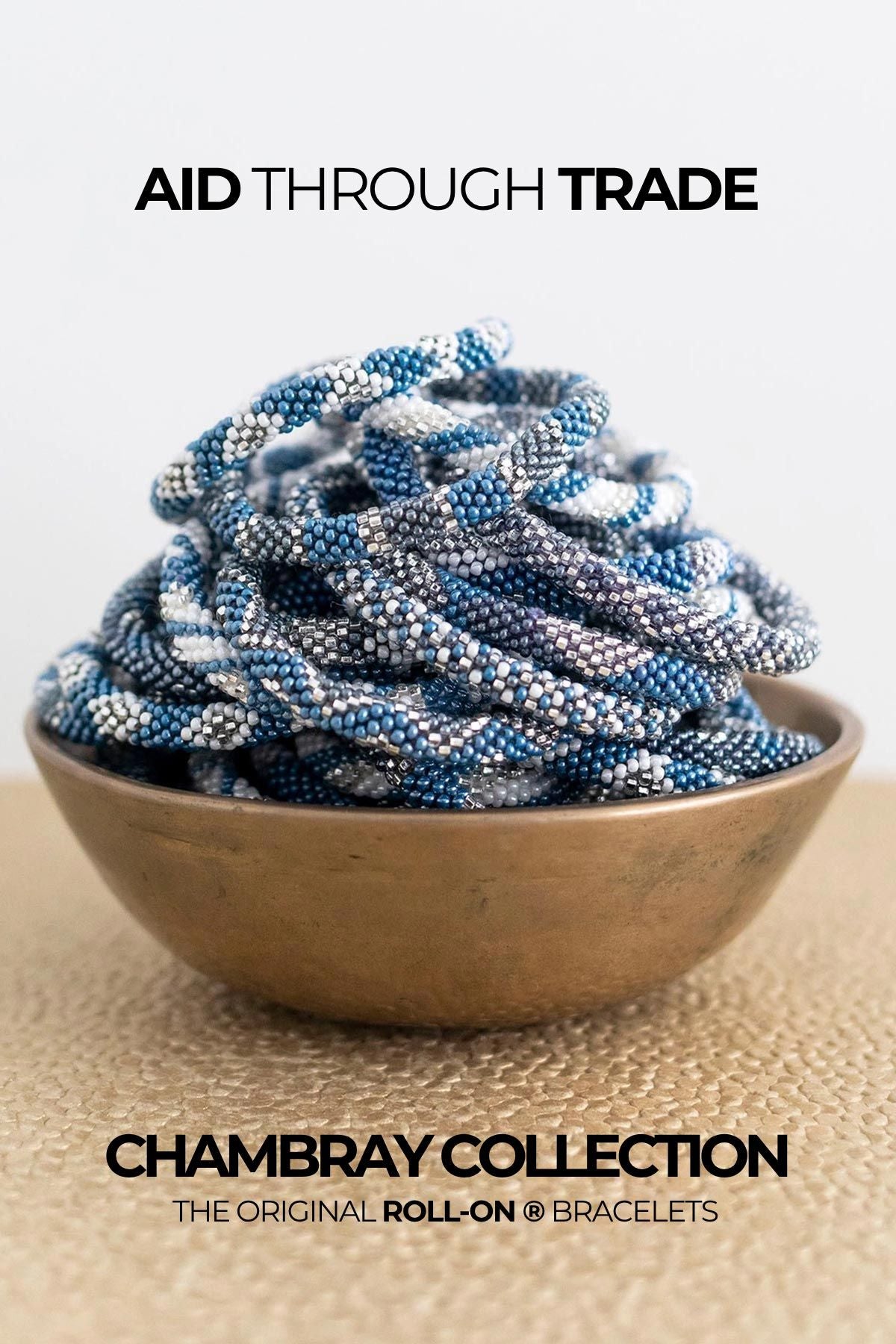Chambray blue-grey Roll-On beaded stretch bracelet handmade by artisans — Urban Wild