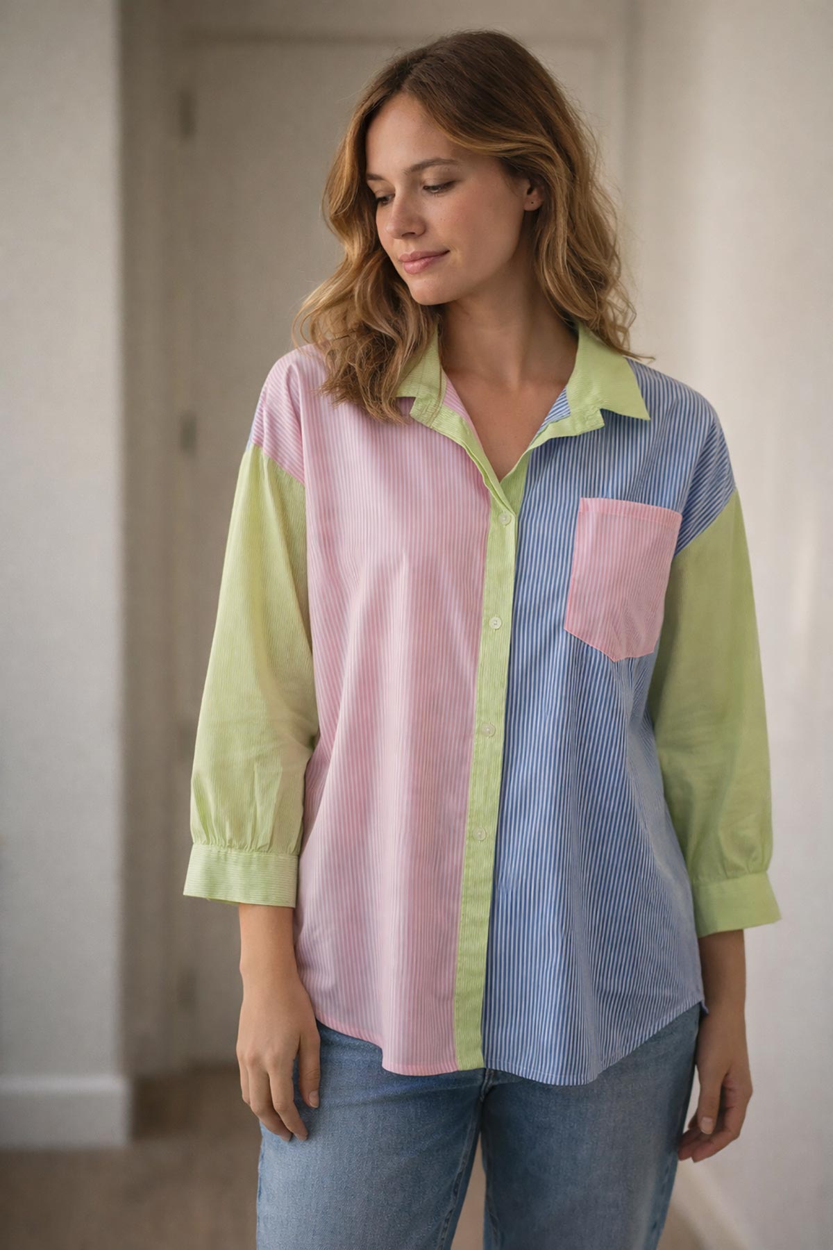 Detail of 100% cotton stripe shirt showing colour block design