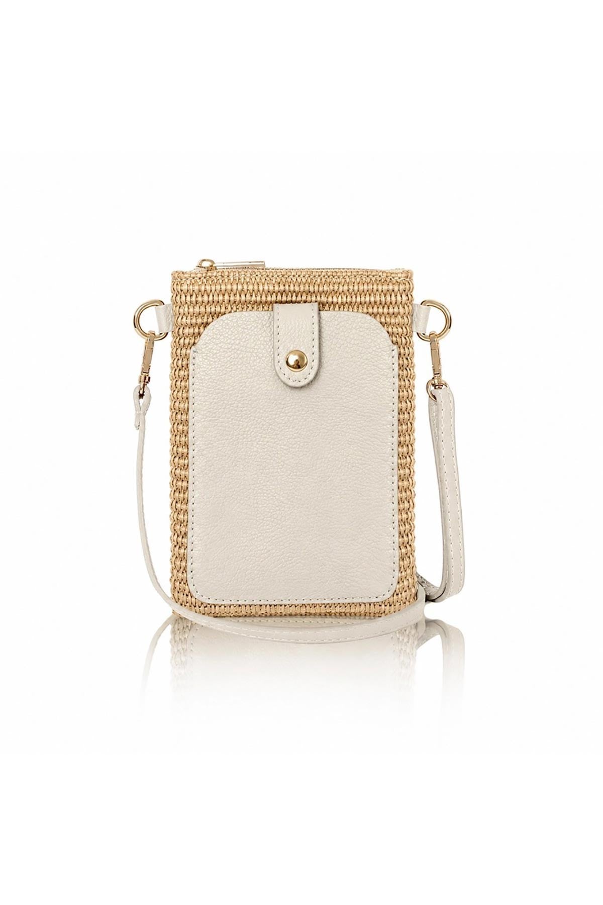 Cream raffia and Italian leather crossbody bag with gold-tone zip and phone pocket — Urban Wild