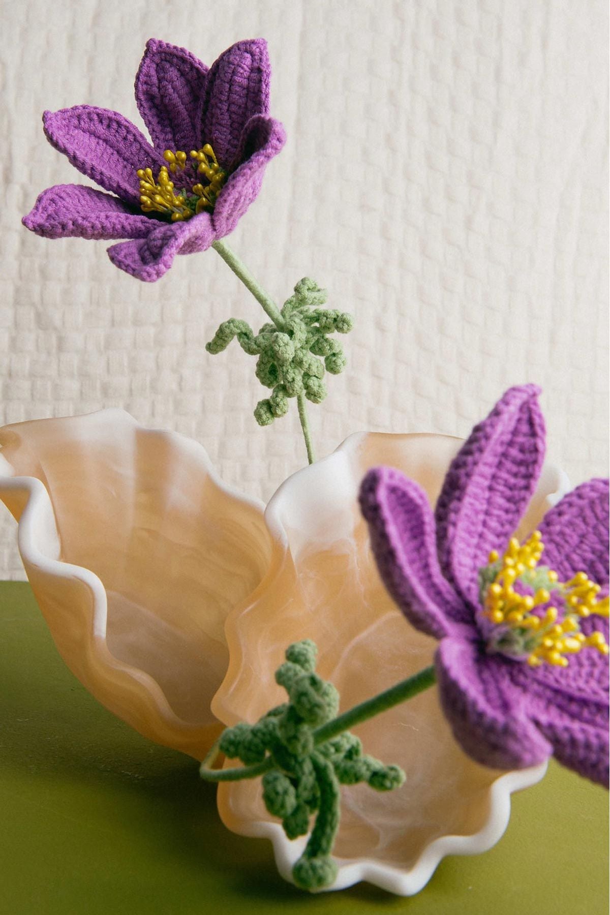 Handmade soft purple crochet pasqueflower stem with golden centre and green stem — Urban Wild