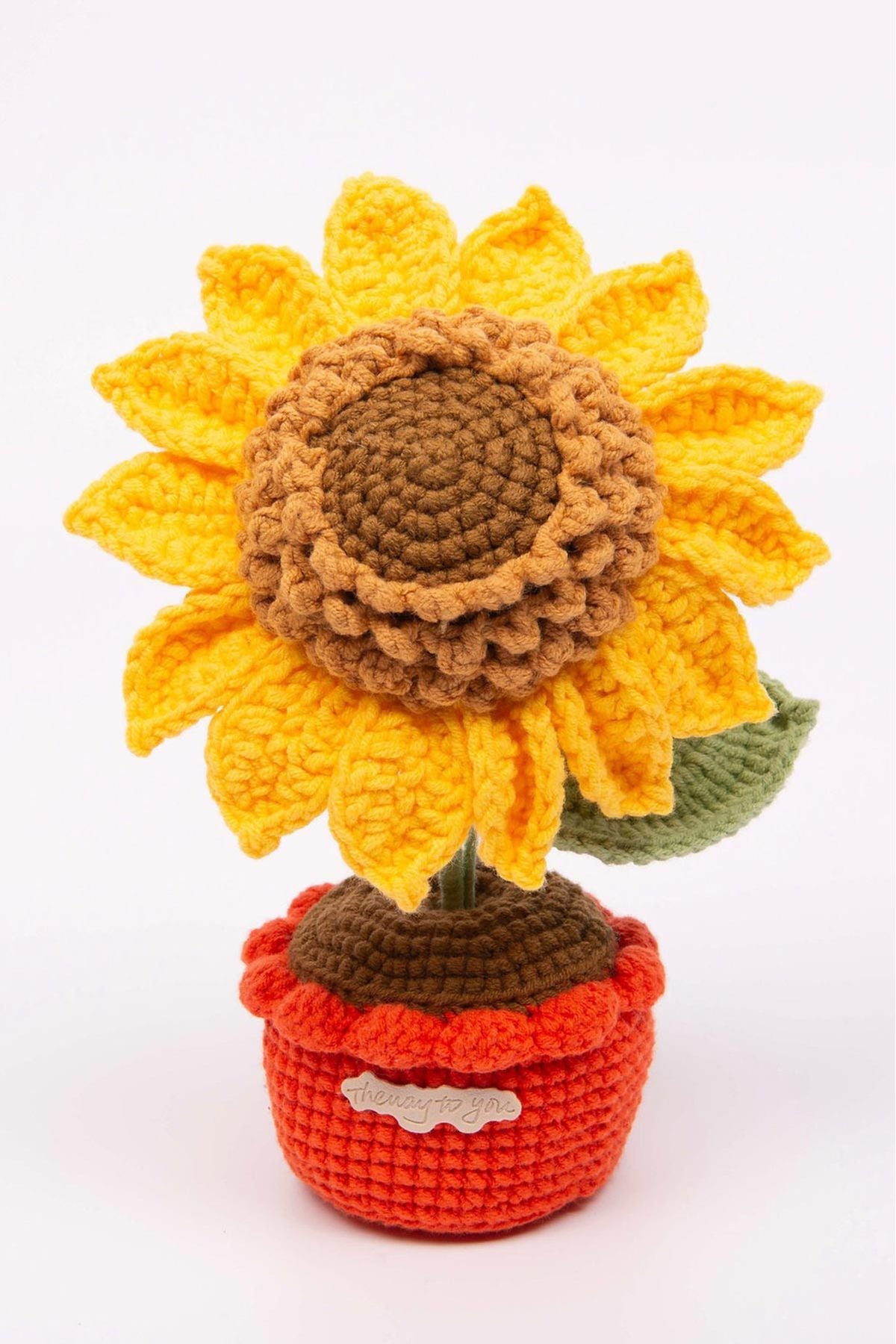 Handmade crochet sunflower pot with yellow bloom and green leaves everlasting flower — Urban Wild