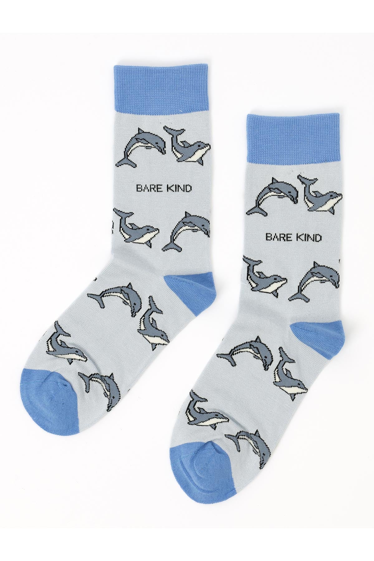 Pair of blue bamboo crew socks with grey dolphin motifs flat lay — Urban Wild