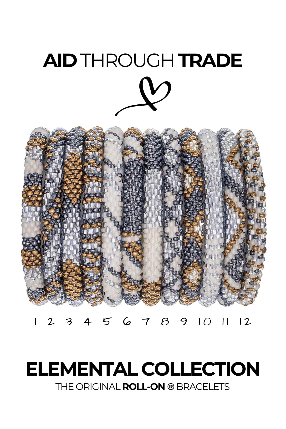 Twelve Elemental beaded Roll-On bracelet design variations in neutral grey and bronze tones — Urban Wild