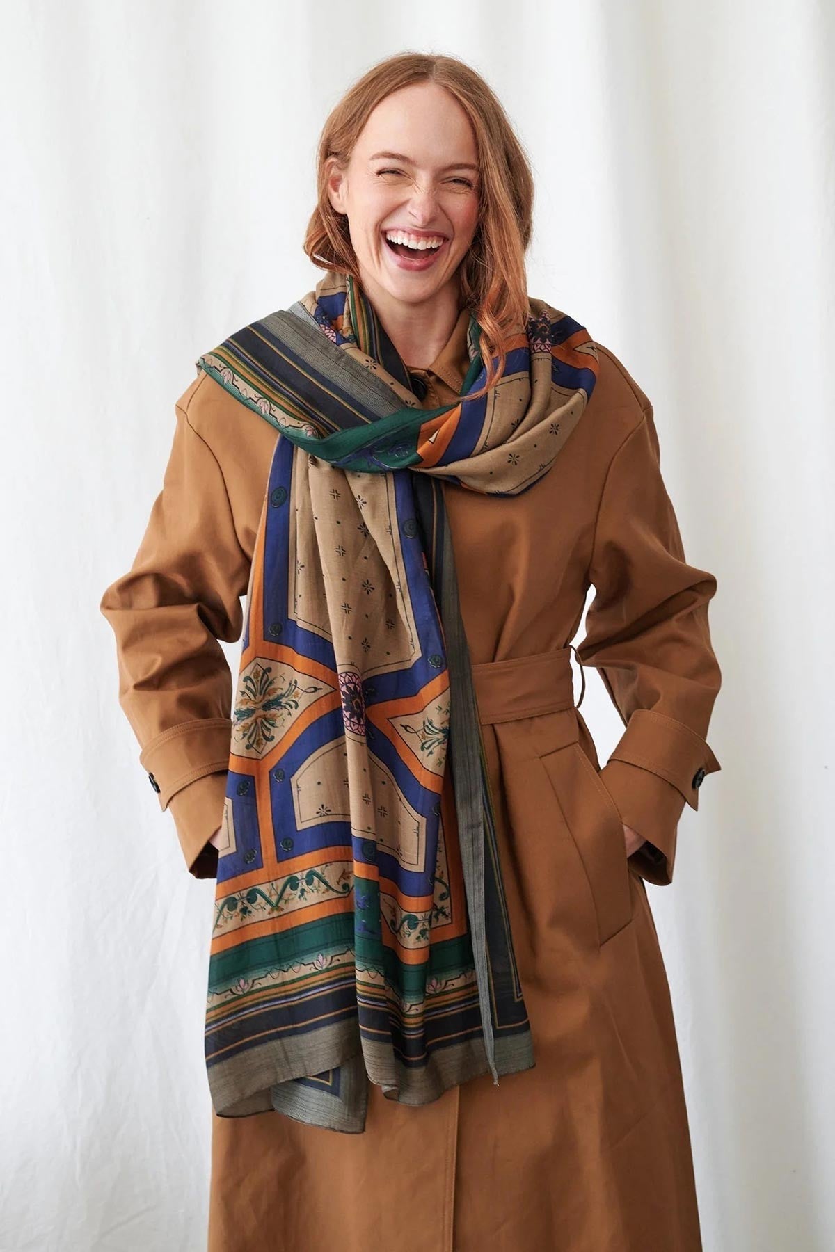 Fleur De Lys sand scarf with navy and cinnamon geometric print on camel background — Urban Wild