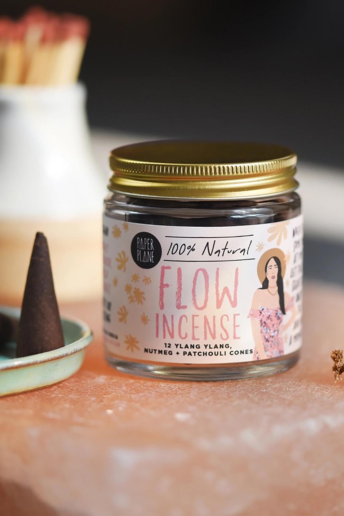 Flow incense cones jar with matches and incense cone on dish — Urban Wild