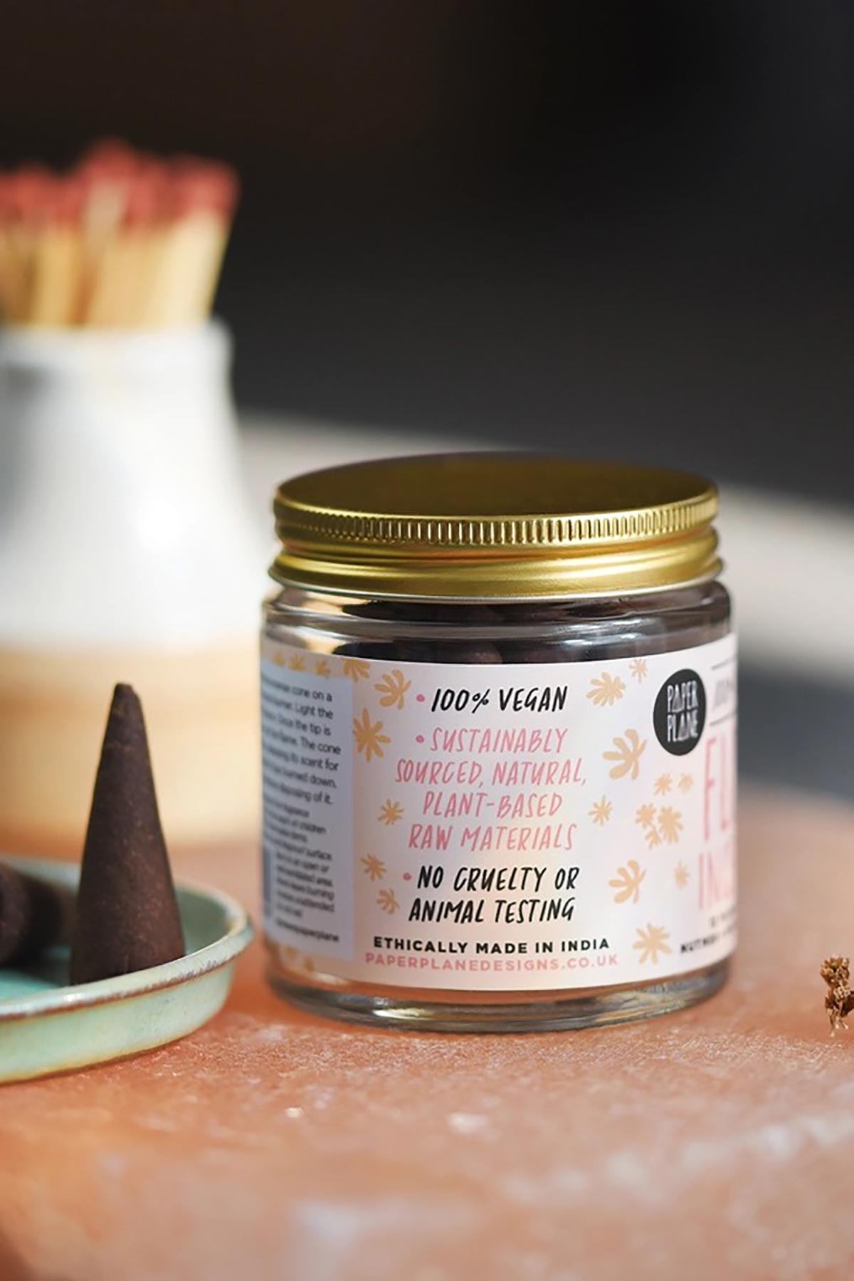 Back label of Flow incense jar showing vegan ethical credentials — Urban Wild