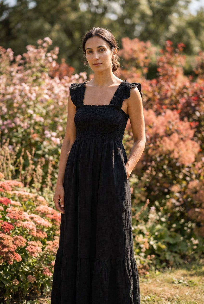 Black Crinkle Frill Strap Tiered Maxi Dress garden