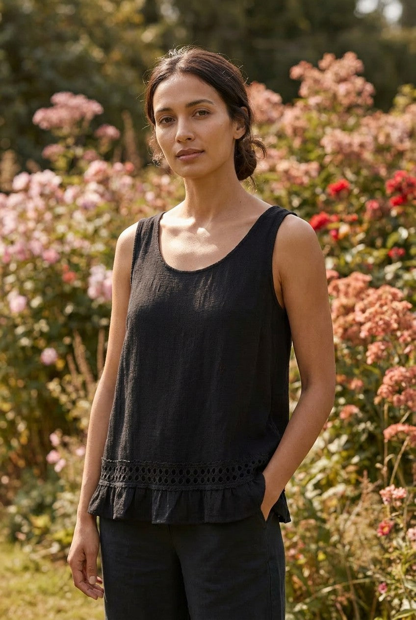 Black Linen Cotton Lace Trim Vest Top garden
