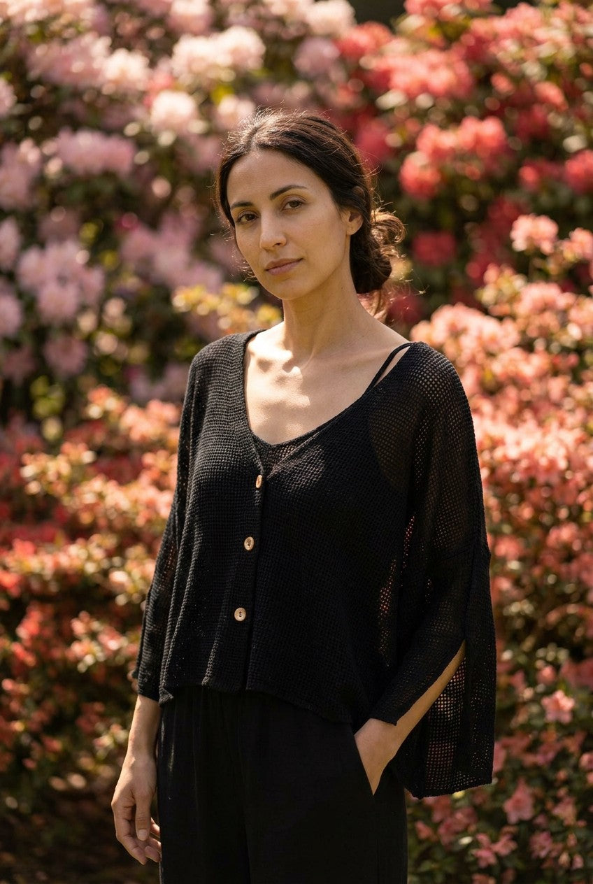 Black Washed Linen Mesh Button Cardigan garden
