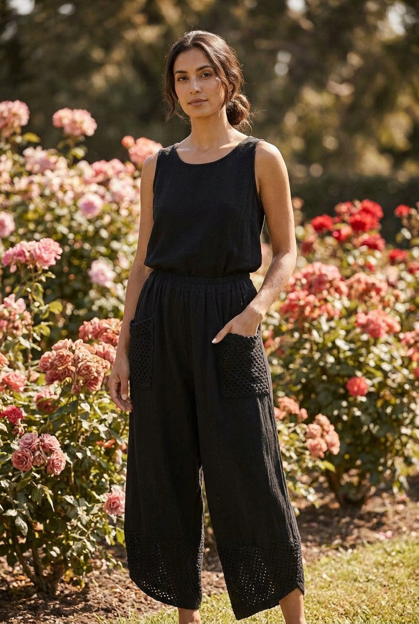 Black Washed Linen Mesh Pocket Wide-Leg Trousers garden