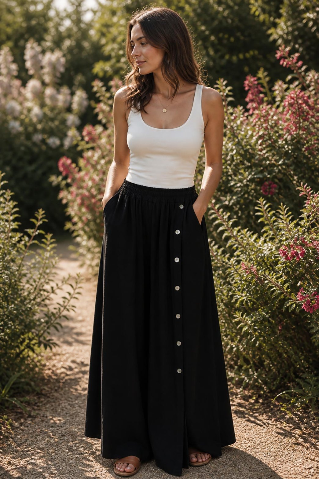 Black Washed Linen Wide-Leg Side Button Palazzo Trousers garden