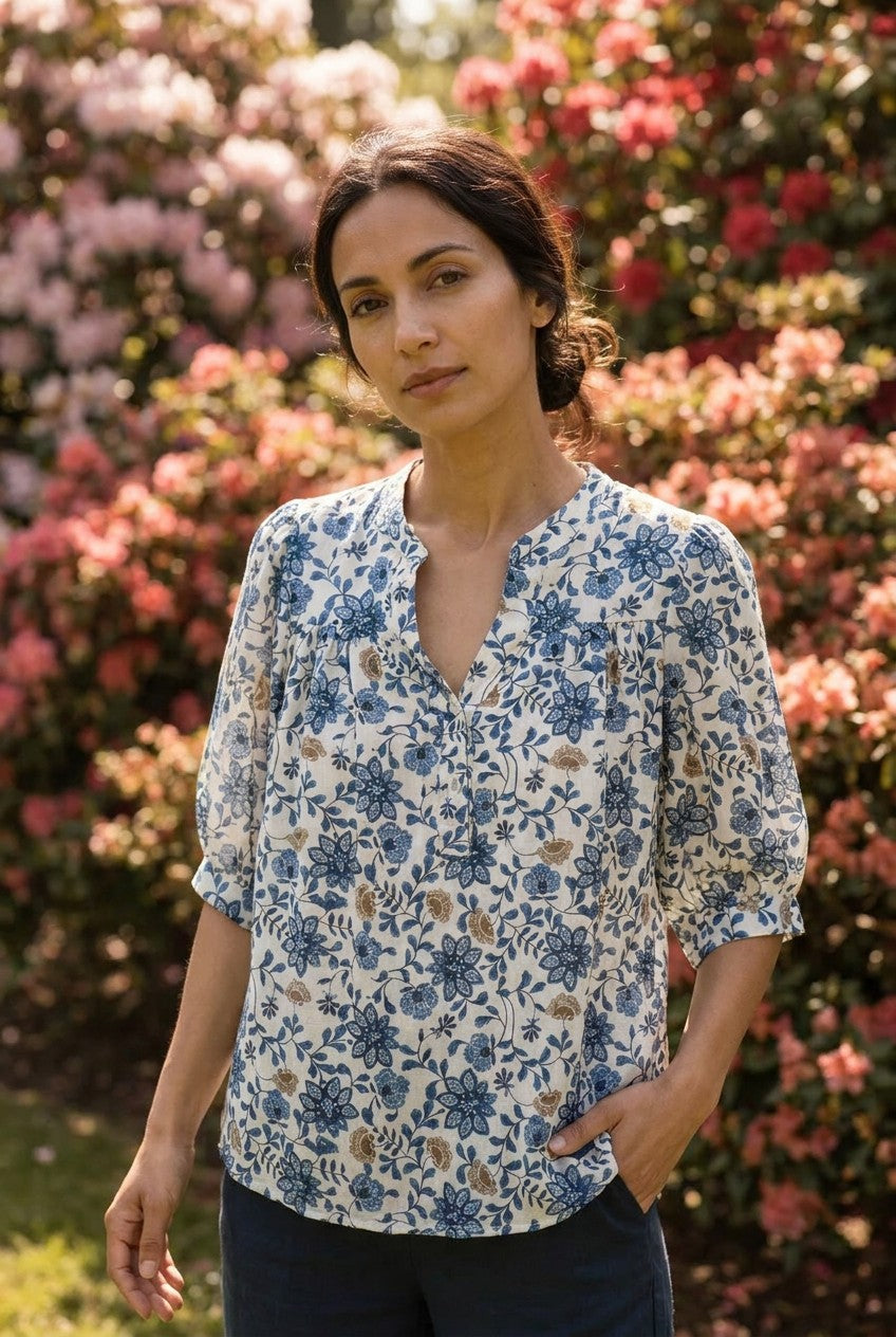 Blue Botanical Print Cotton Blouse, Garden Lifestyle — Urban Wild