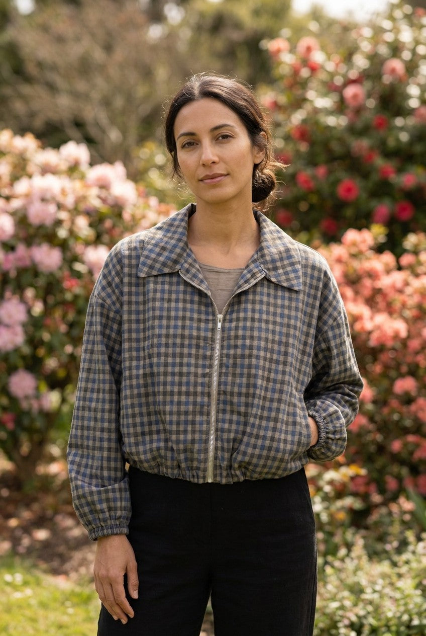 Blue and Brown Gingham Cotton Cropped Bomber Jacket, Garden Lifestyle — Urban Wild