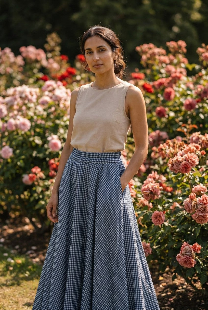 Blue Gingham Cotton Maxi Skirt garden