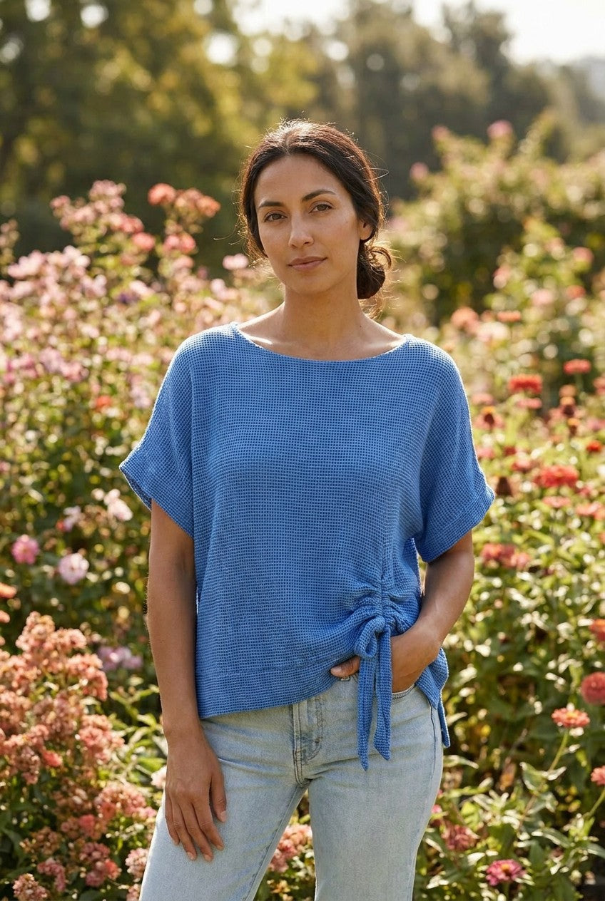 Blue Washed Linen Mesh Ruched Top garden