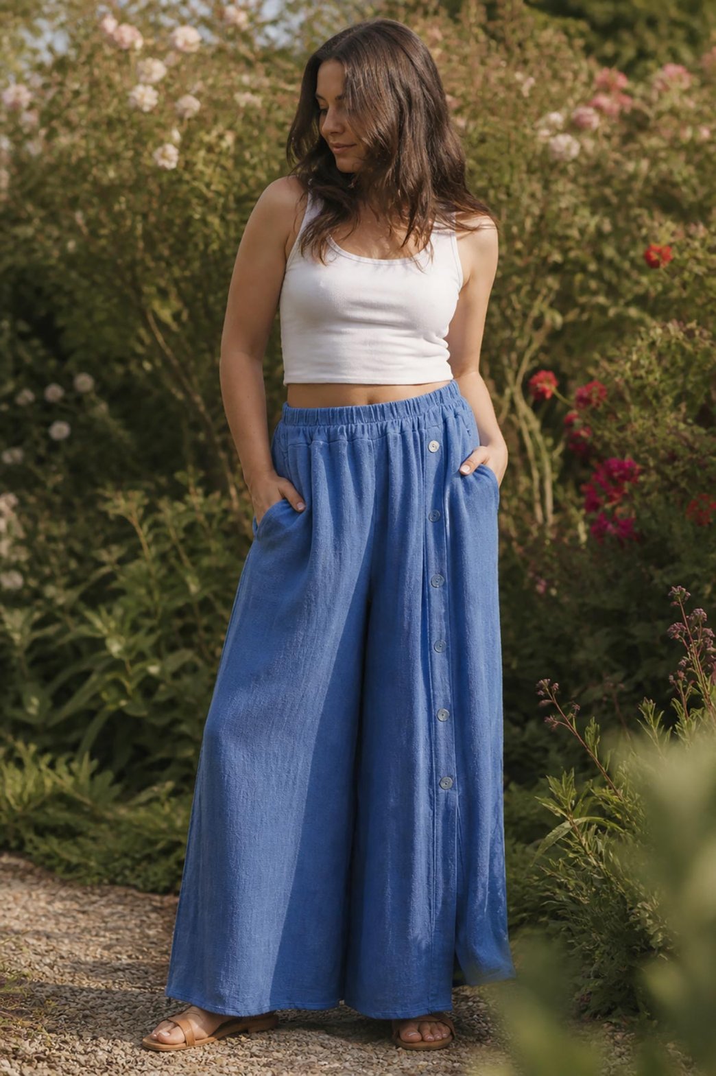 Cornflower Blue Washed Linen Wide-Leg Side Button Palazzo Trousers garden