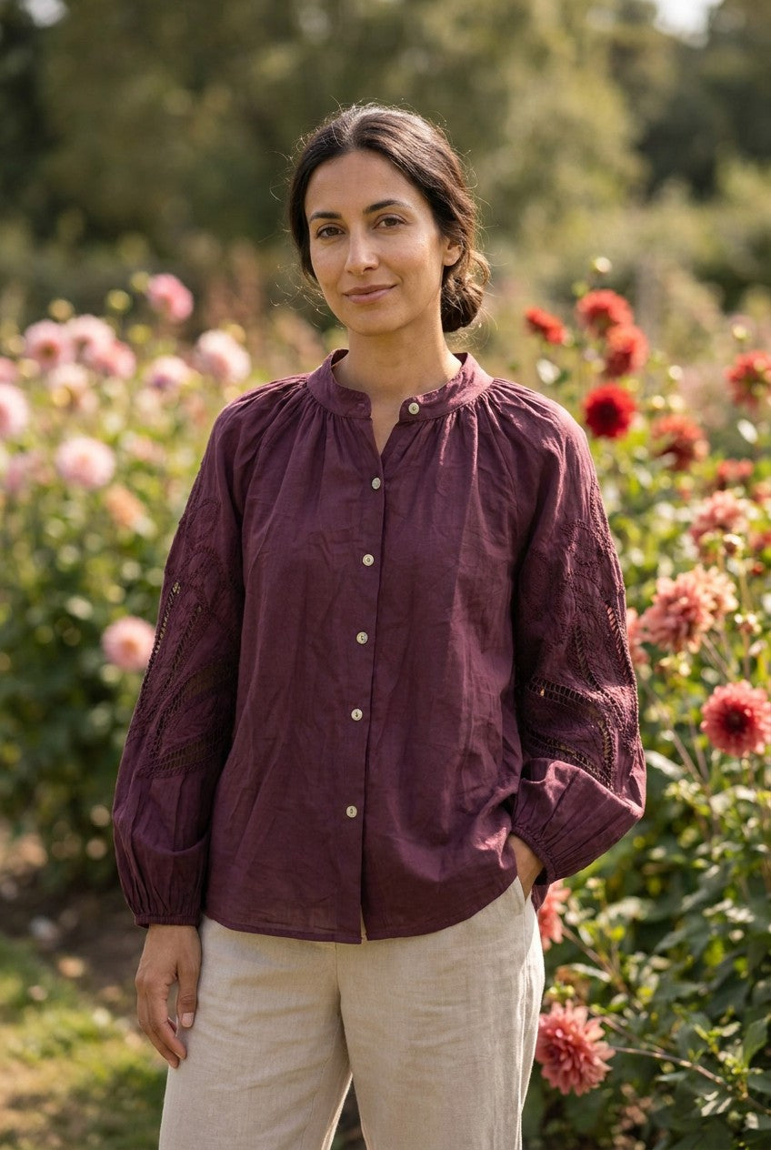 Burgundy Embroidered Cotton Balloon Sleeve Blouse, Garden Lifestyle — Urban Wild