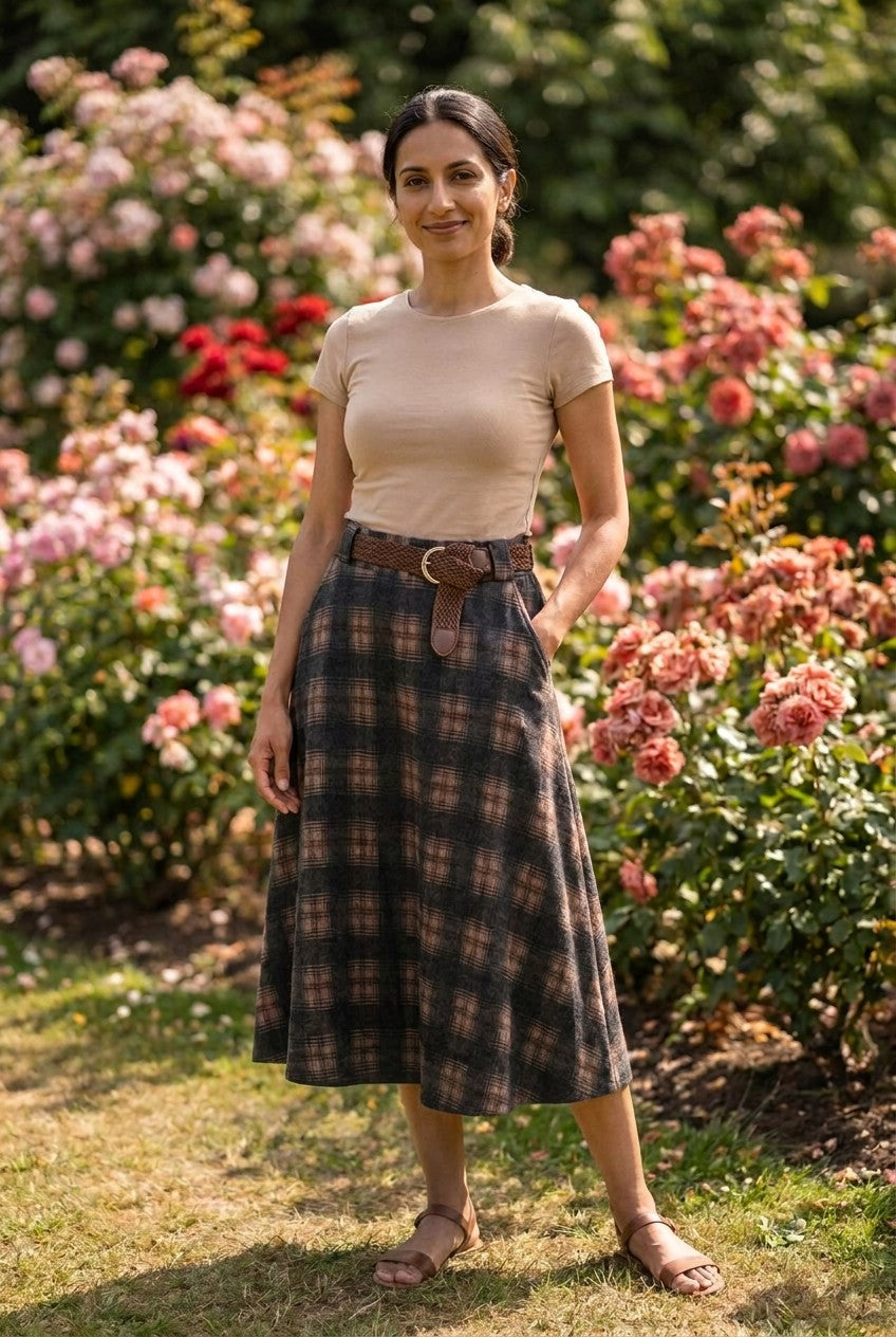 Charcoal Checked Belted Midi Skirt, Garden Lifestyle — Urban Wild
