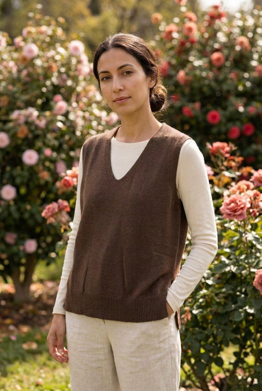 Chocolate Brown Knitted V-Neck Vest, Garden Lifestyle — Urban Wild