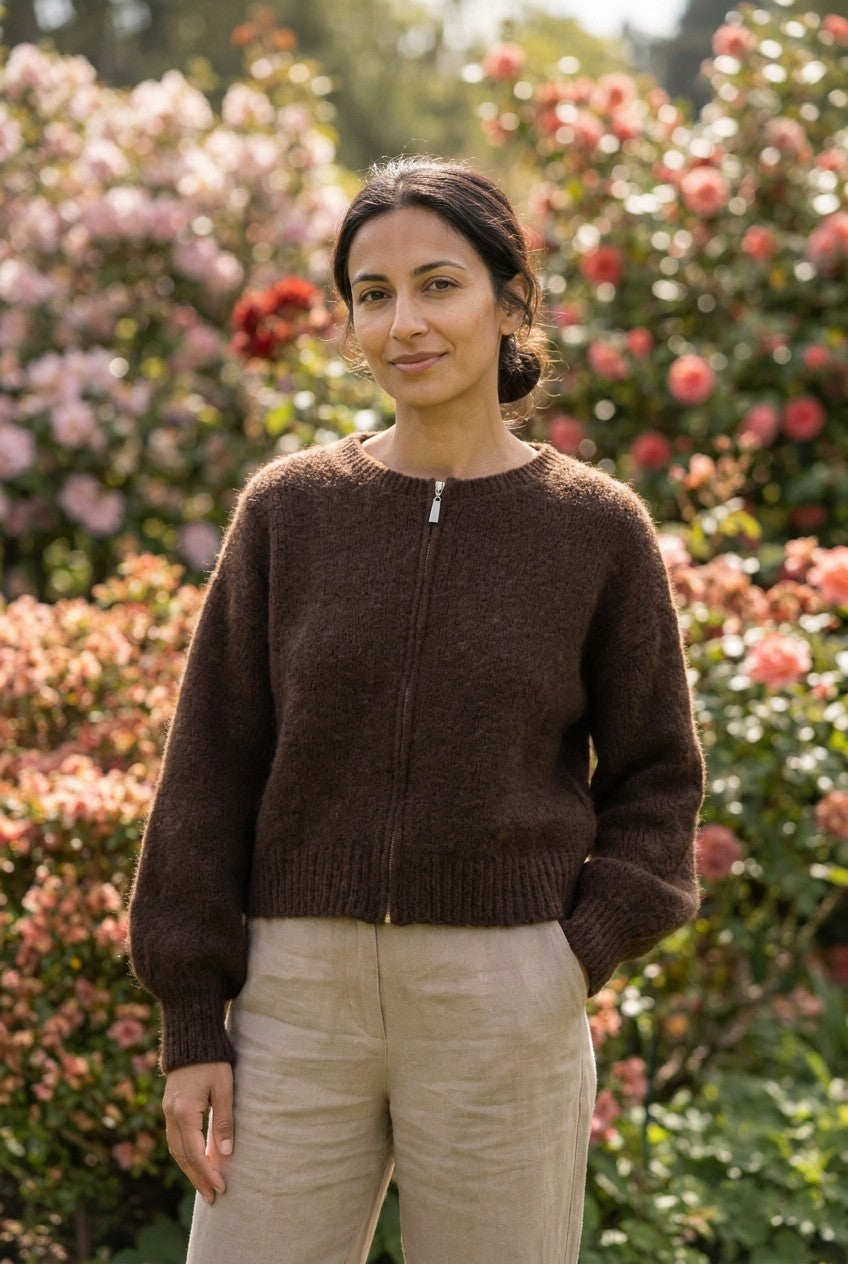 Chocolate Brown Mohair Zip-Up Cardigan, Garden Lifestyle — Urban Wild