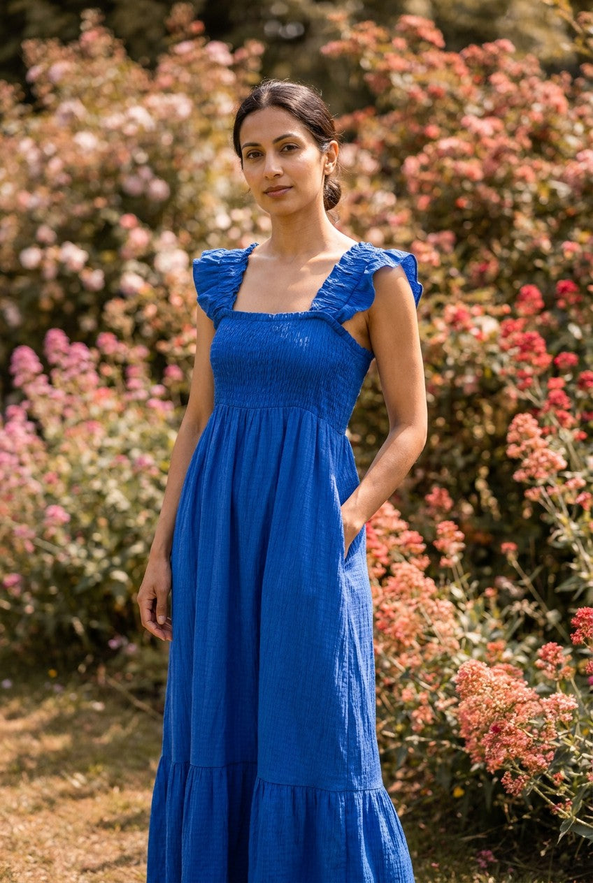 Cobalt Blue Crinkle Frill Strap Tiered Maxi Dress garden