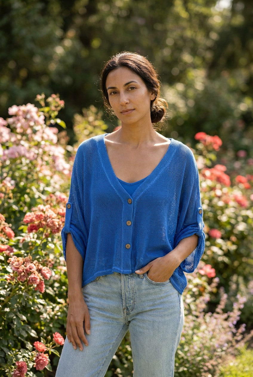 Cobalt Blue Washed Linen Mesh Button Cardigan garden