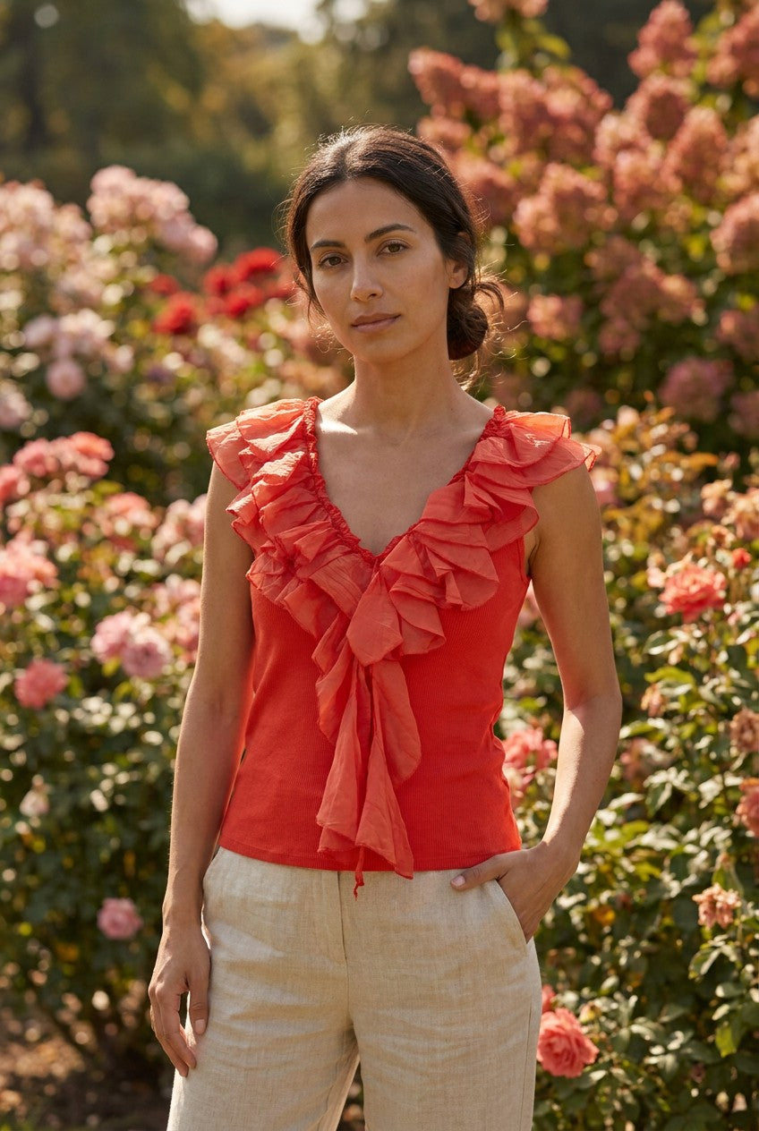 Coral Ribbed Cotton Top with Silk Ruffle Trim, Garden Lifestyle — Urban Wild