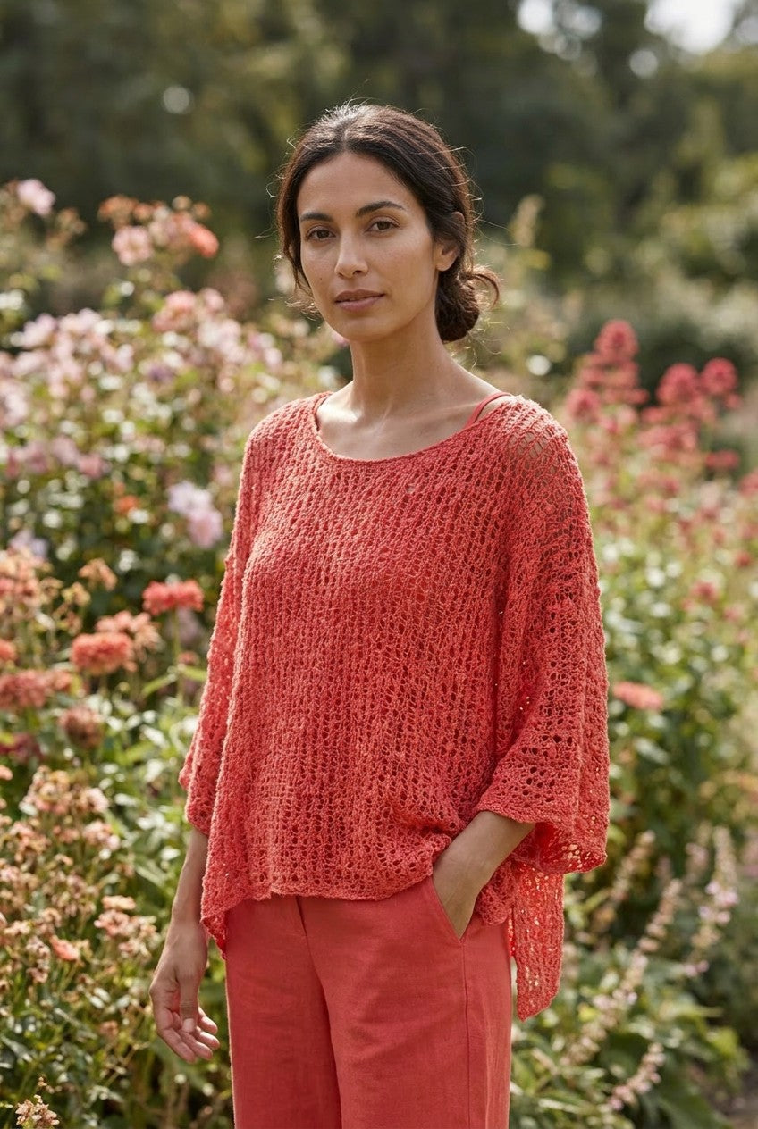 Coral Open Weave Knit Poncho Top, Garden Lifestyle — Urban Wild