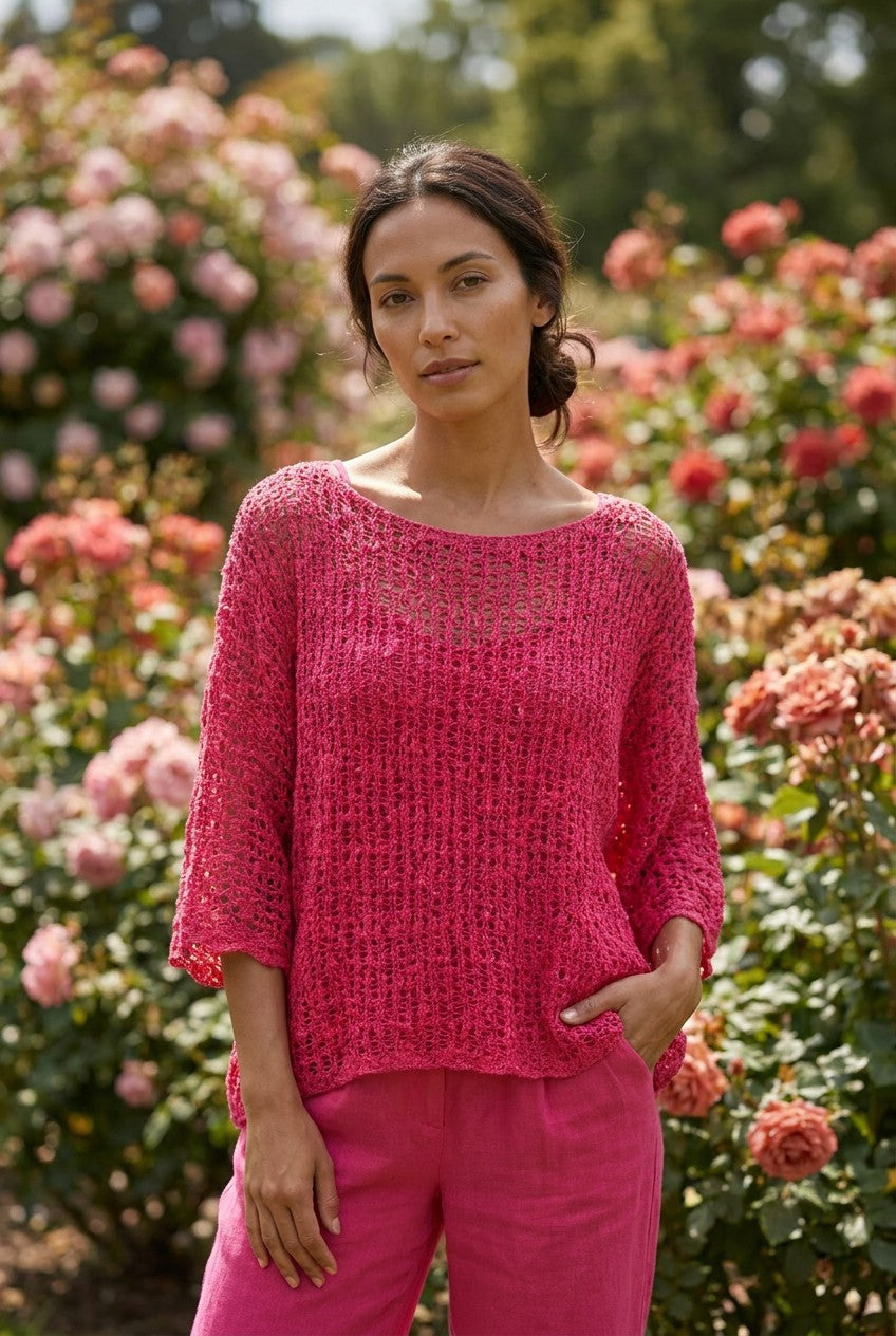Fuchsia Pink Open Weave Knitted Oversized Top, Garden Lifestyle — Urban Wild