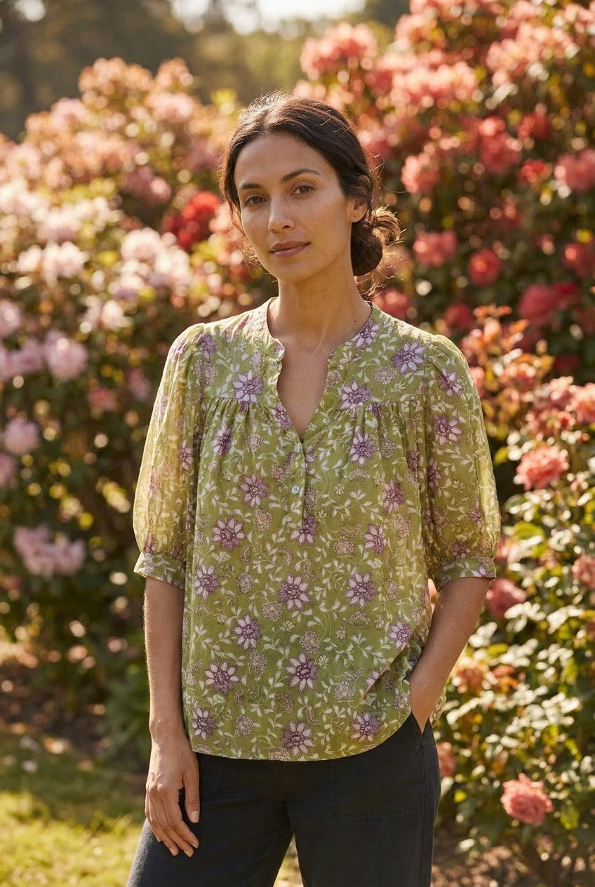 Green Botanical Print Cotton Blouse, Garden Lifestyle — Urban Wild