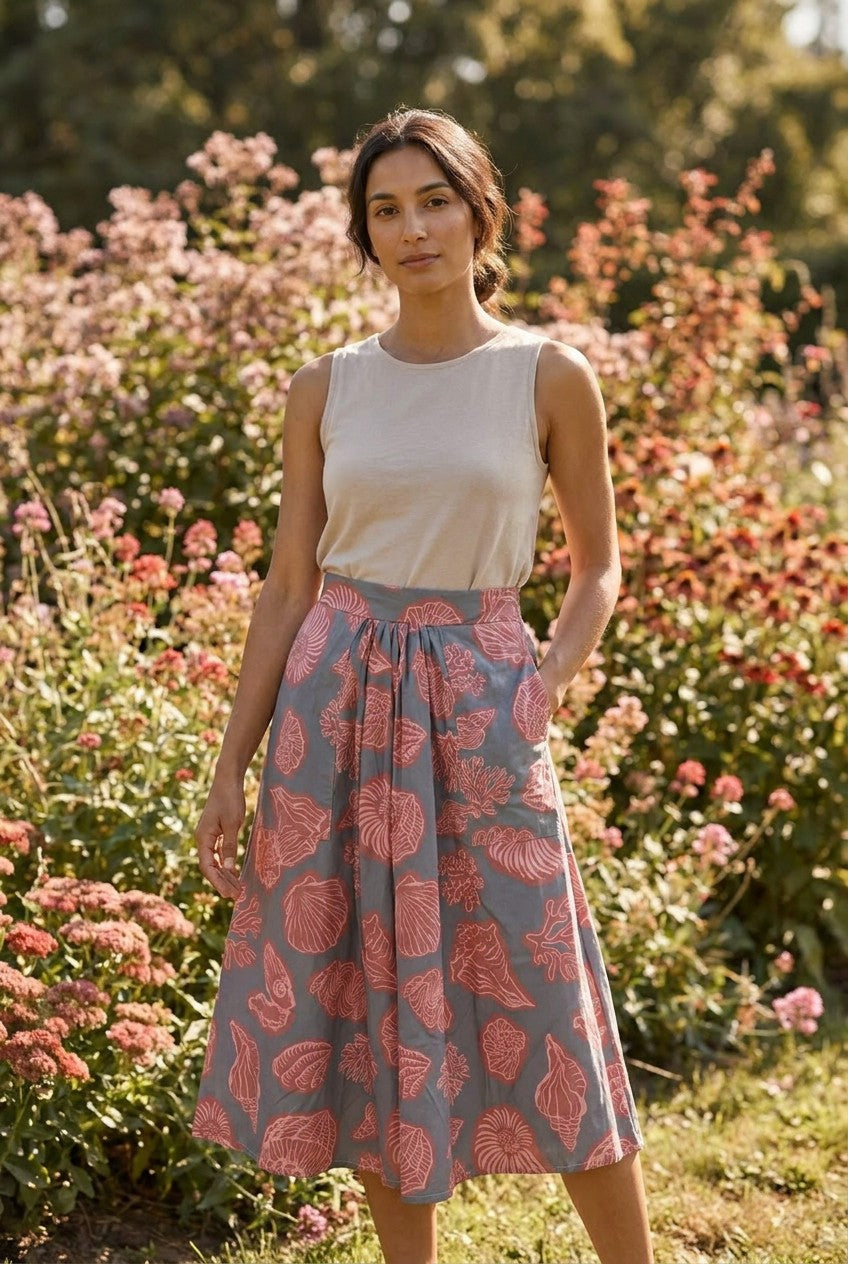 Grey Shell Print Cotton Midi Skirt, Garden Lifestyle — Urban Wild
