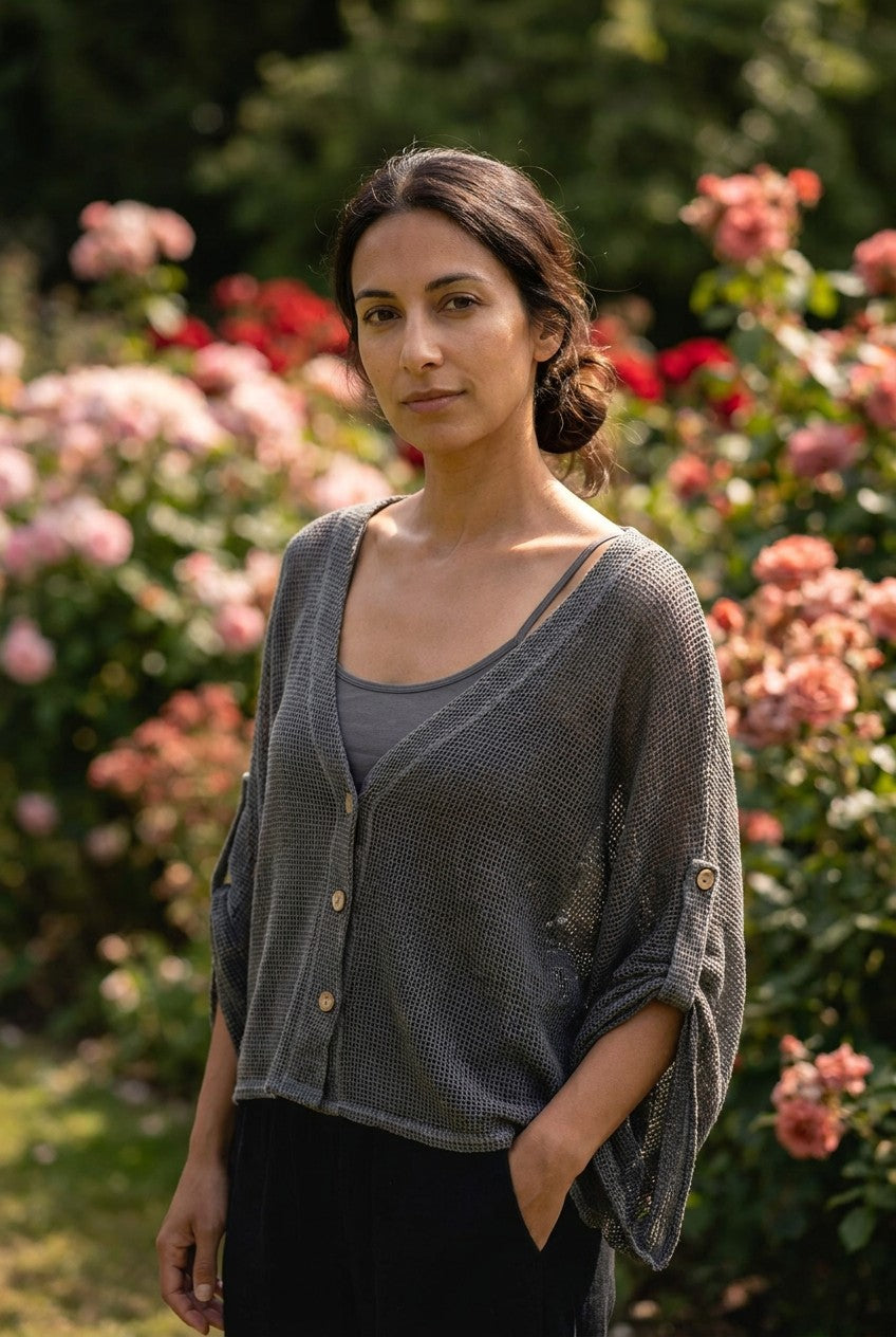 Grey Washed Linen Mesh Button Cardigan garden