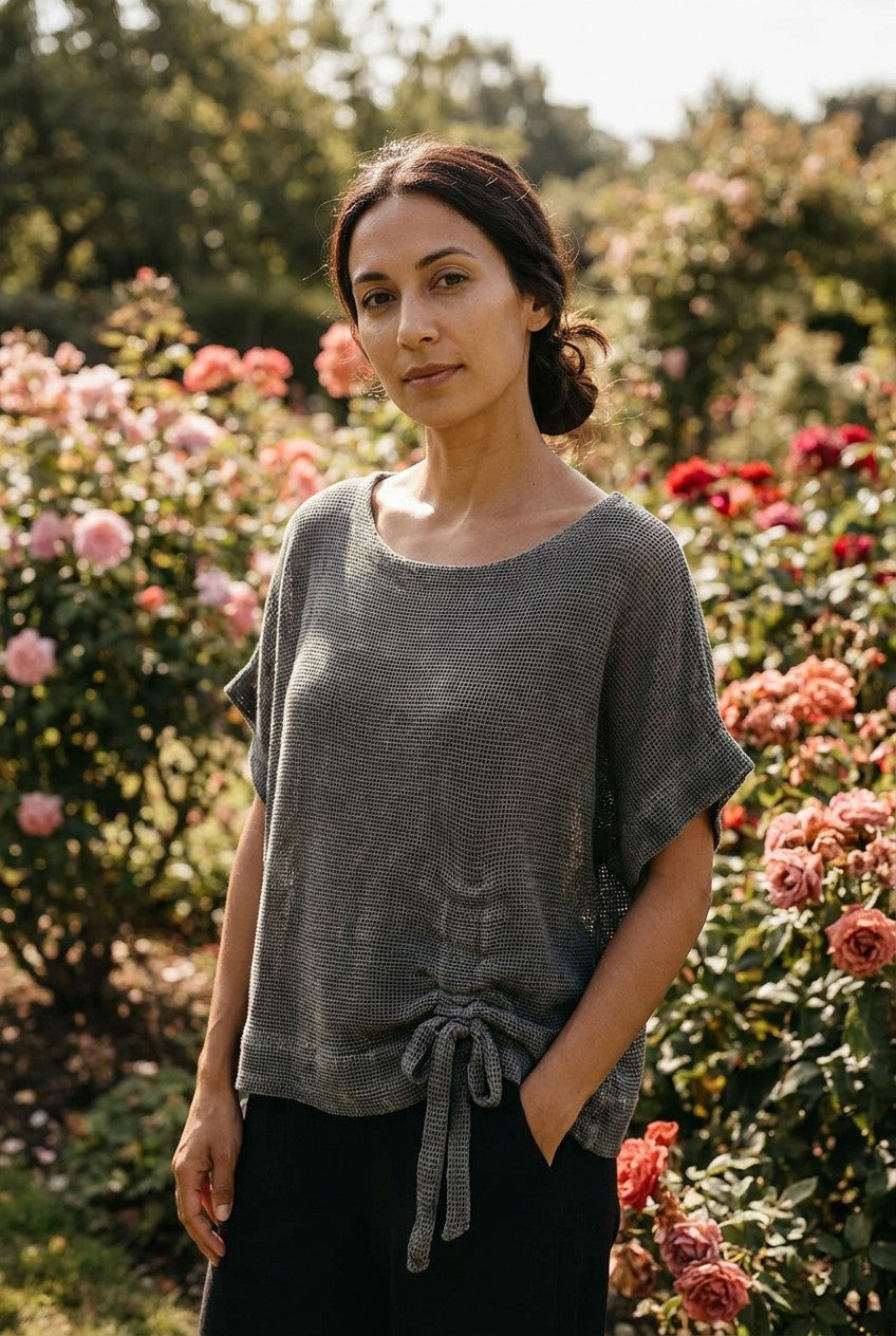 Grey Washed Linen Mesh Ruched Top garden