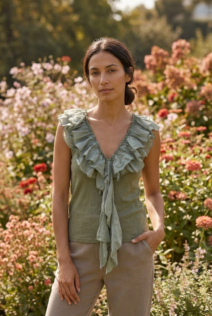 Khaki Ribbed Cotton Top with Silk Ruffle Trim, Garden Lifestyle — Urban Wild