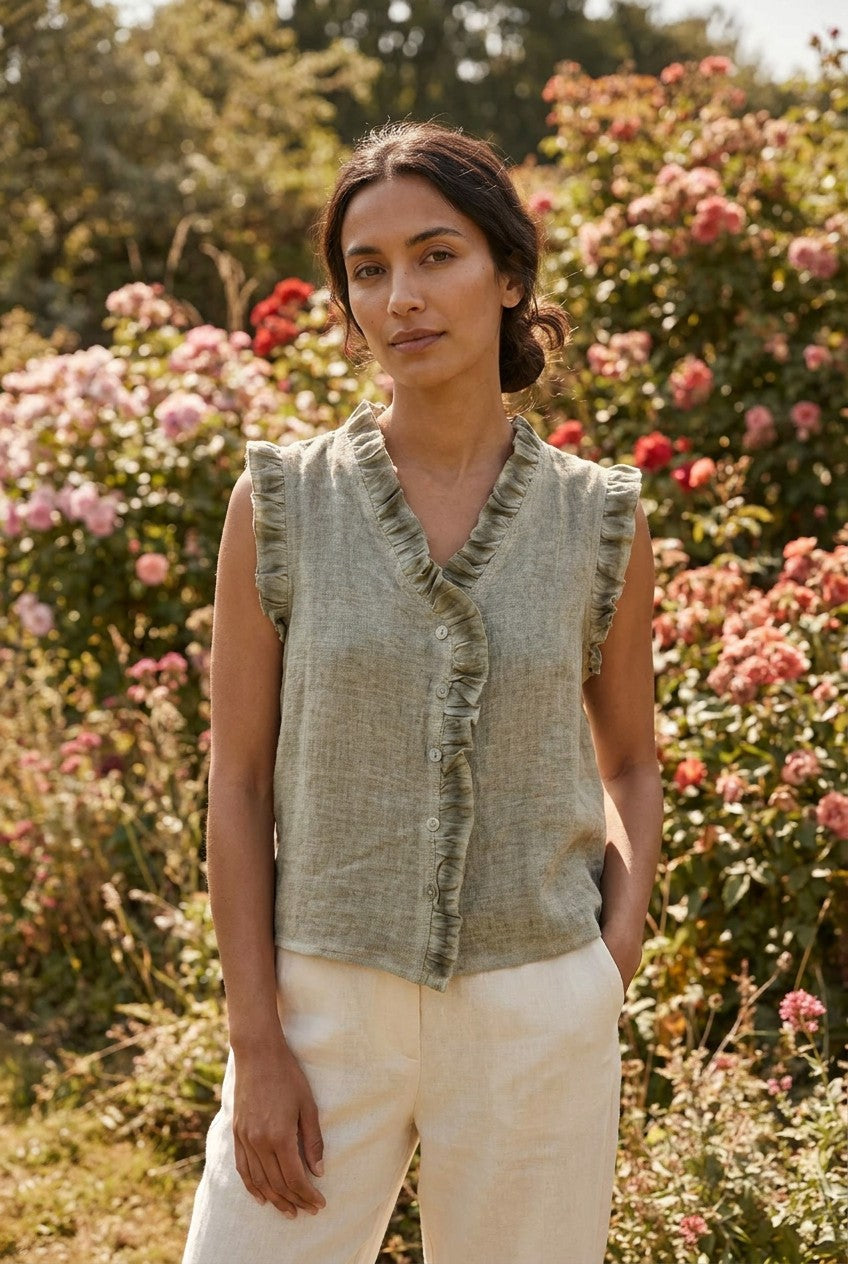 Khaki Washed Linen Frill Buttoned Vest Top, Garden Lifestyle — Urban Wild