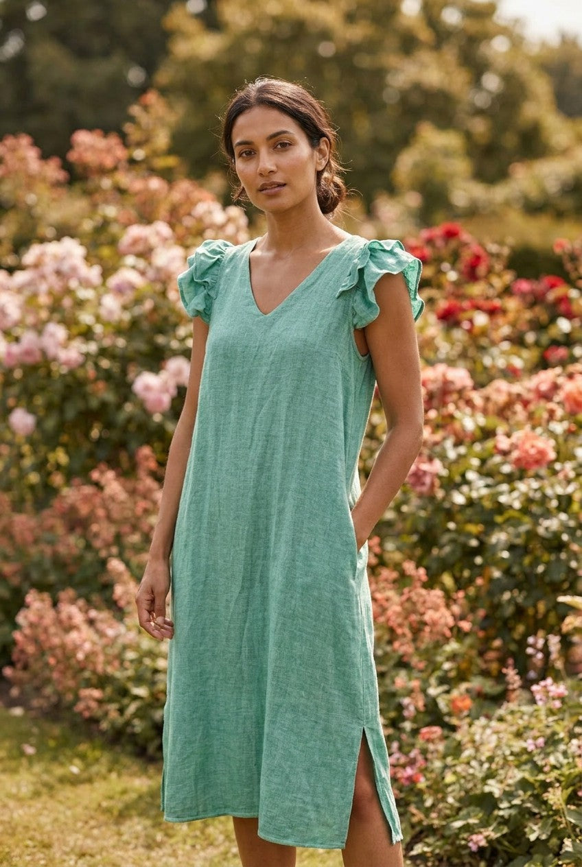 Mint Green Washed Linen Frill Sleeve Midi Dress, Garden Lifestyle — Urban Wild