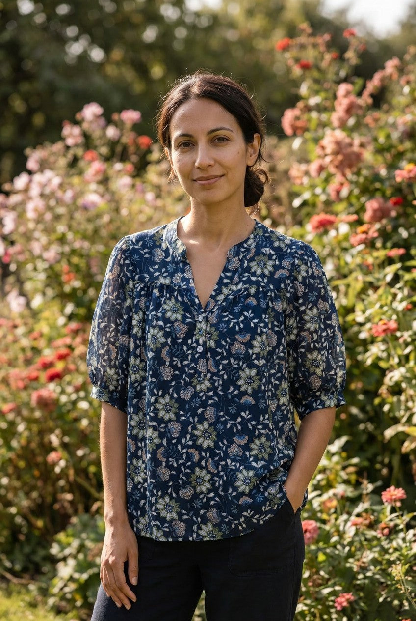 Navy Botanical Print Cotton Blouse, Garden Lifestyle — Urban Wild