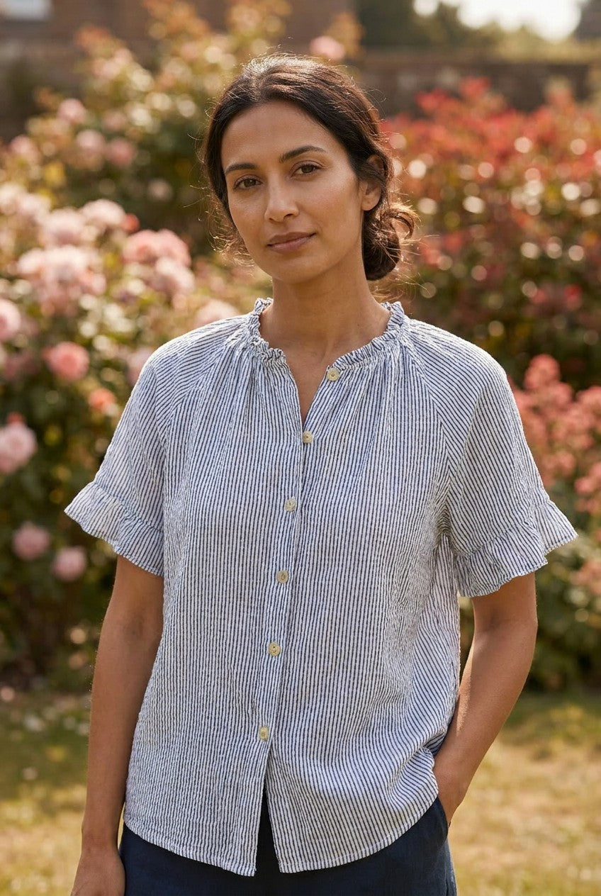 White Cotton Frill Sleeve Blouse - Navy Stripes, Garden Lifestyle — Urban Wild
