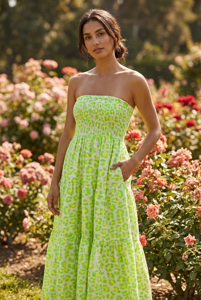 Neon Green Leopard Print Cotton Tube Dress and Maxi Skirt, Garden Lifestyle — Urban Wild