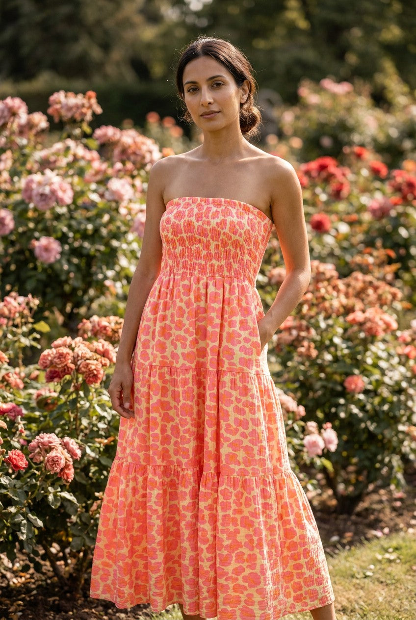 Neon Orange Leopard Print Cotton Tube Dress and Maxi Skirt, Garden Lifestyle — Urban Wild
