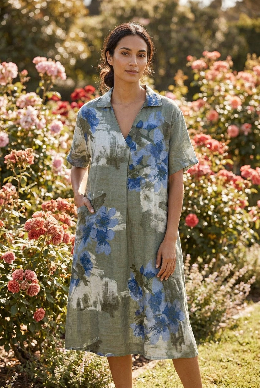 Olive Green Floral Linen Midi Shirt Dress, Garden Lifestyle — Urban Wild
