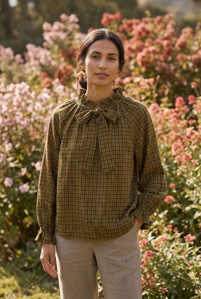 Olive Gingham Cotton Blend Bow Blouse, Garden Lifestyle — Urban Wild
