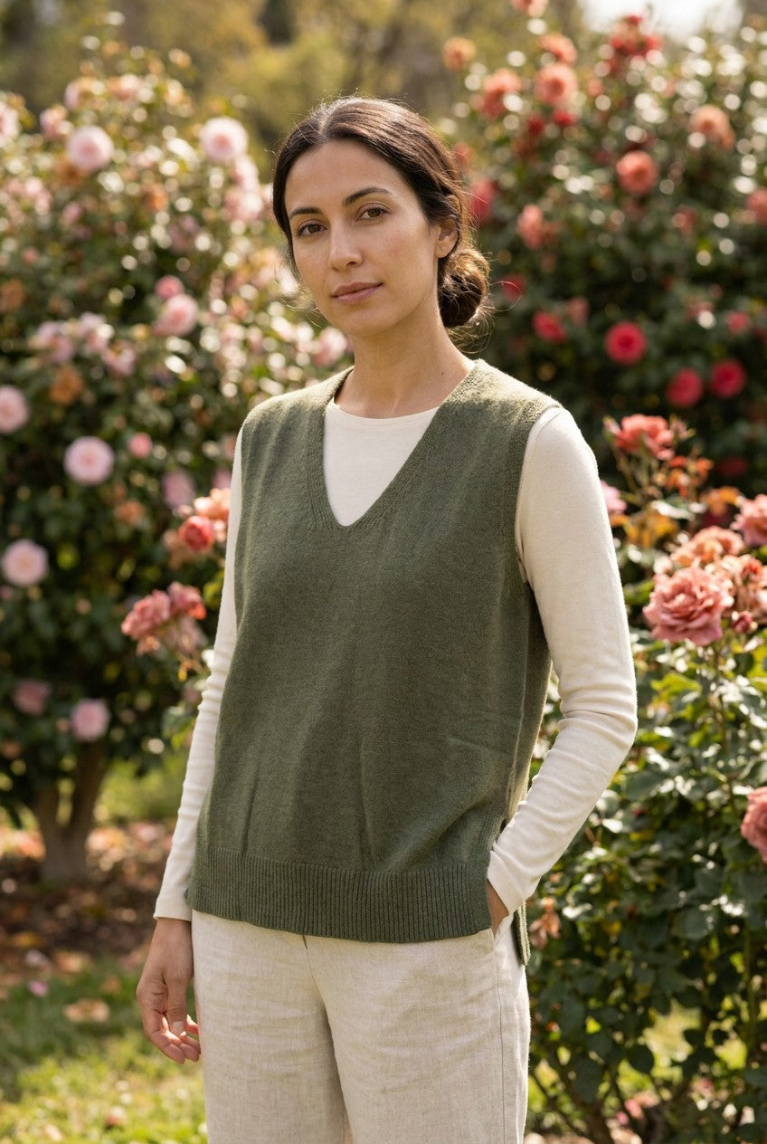 Olive Green Knitted V-Neck Vest, Garden Lifestyle — Urban Wild