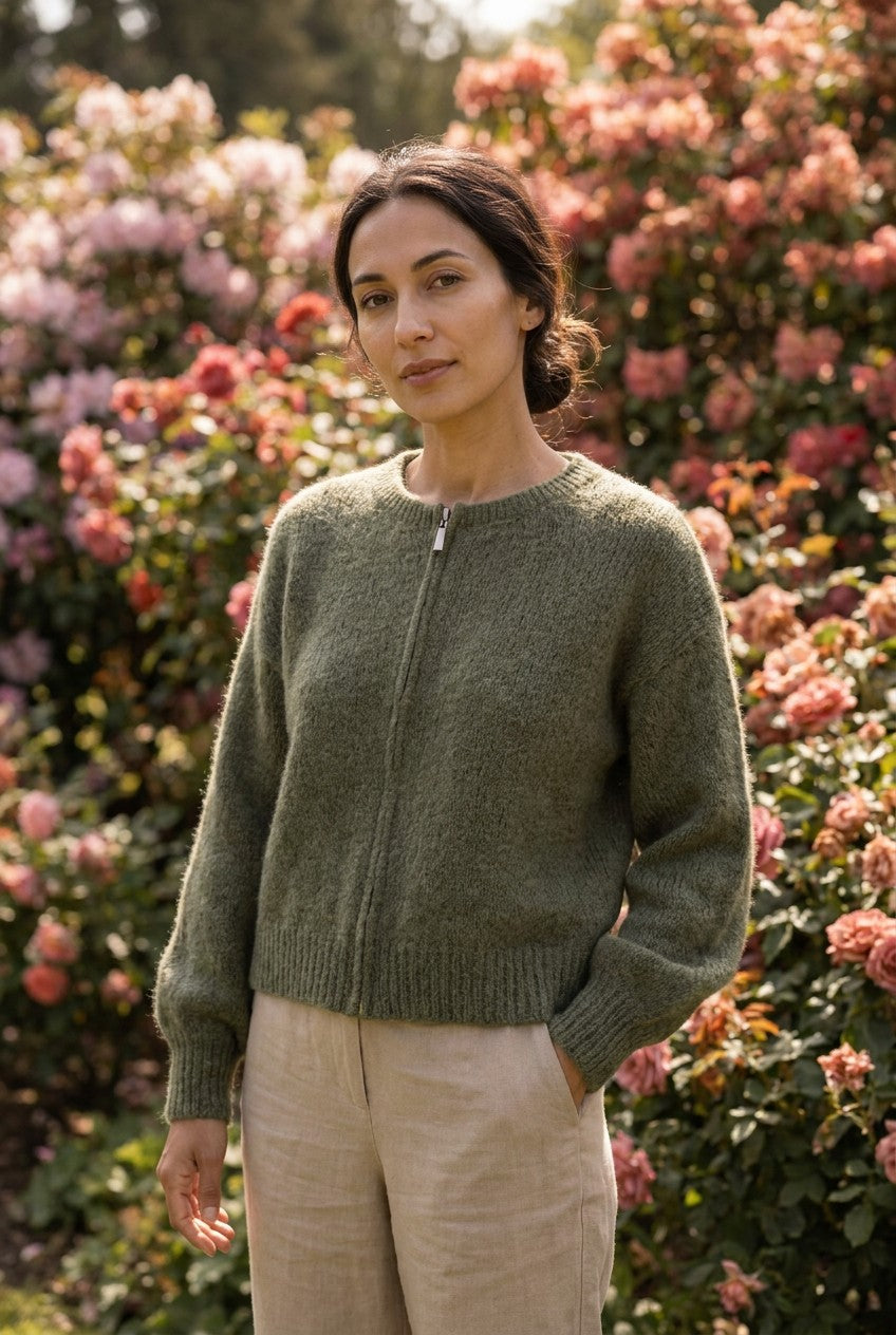 Olive Green Mohair Zip-Up Cardigan, Garden Lifestyle — Urban Wild