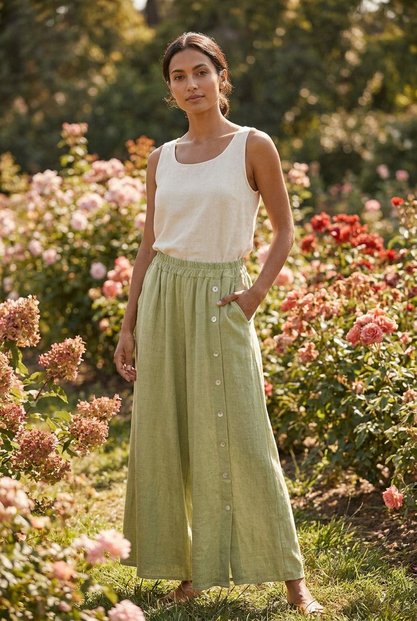 Olive Green Washed Linen Wide-Leg Side Button Palazzo Trousers garden