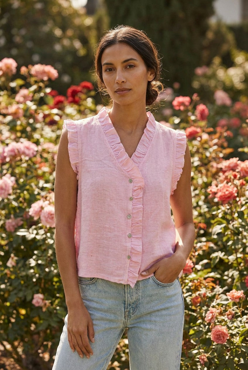 Pink Washed Linen Frill Buttoned Vest Top, Garden Lifestyle — Urban Wild