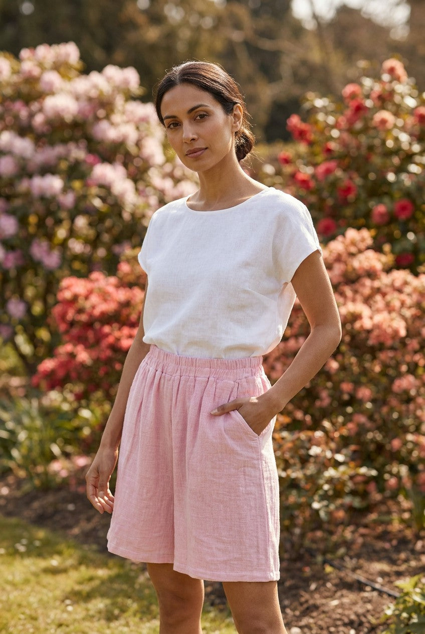 Pink Washed Linen Elasticated Shorts garden