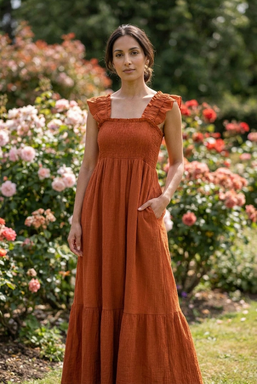 Rust Crinkle Frill Strap Tiered Maxi Dress garden
