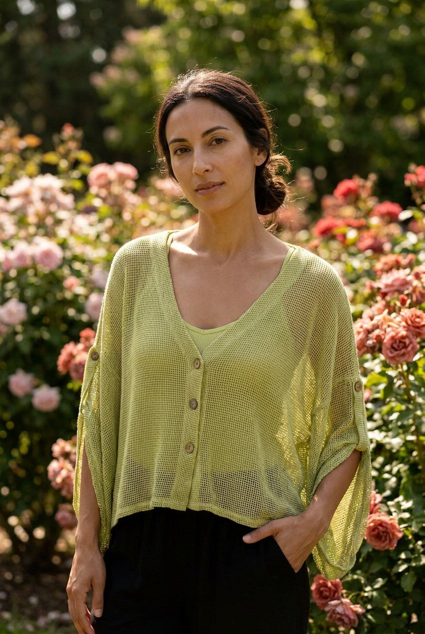 Sage Washed Linen Mesh Button Cardigan garden
