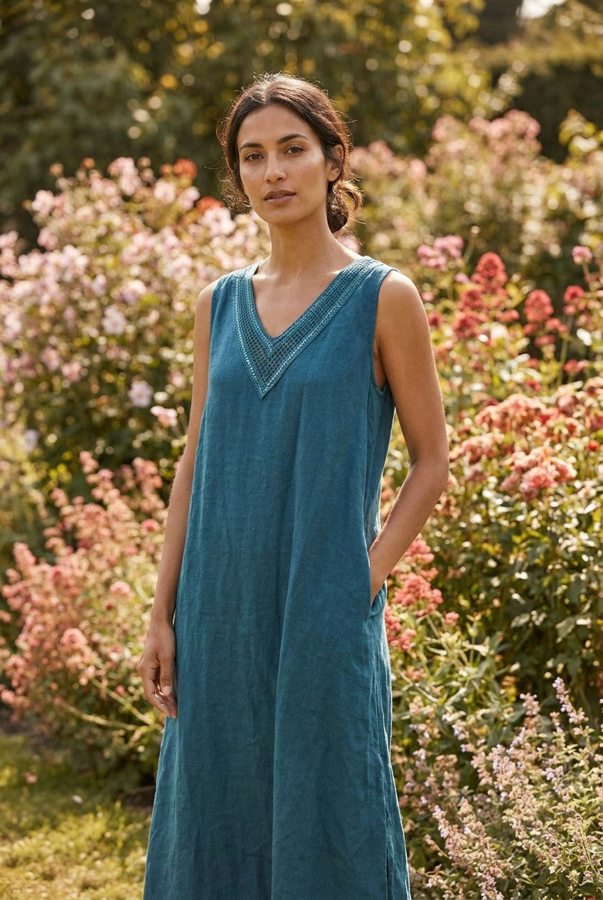 Teal Linen Sequin V-Neck Maxi Dress, Garden Lifestyle — Urban Wild